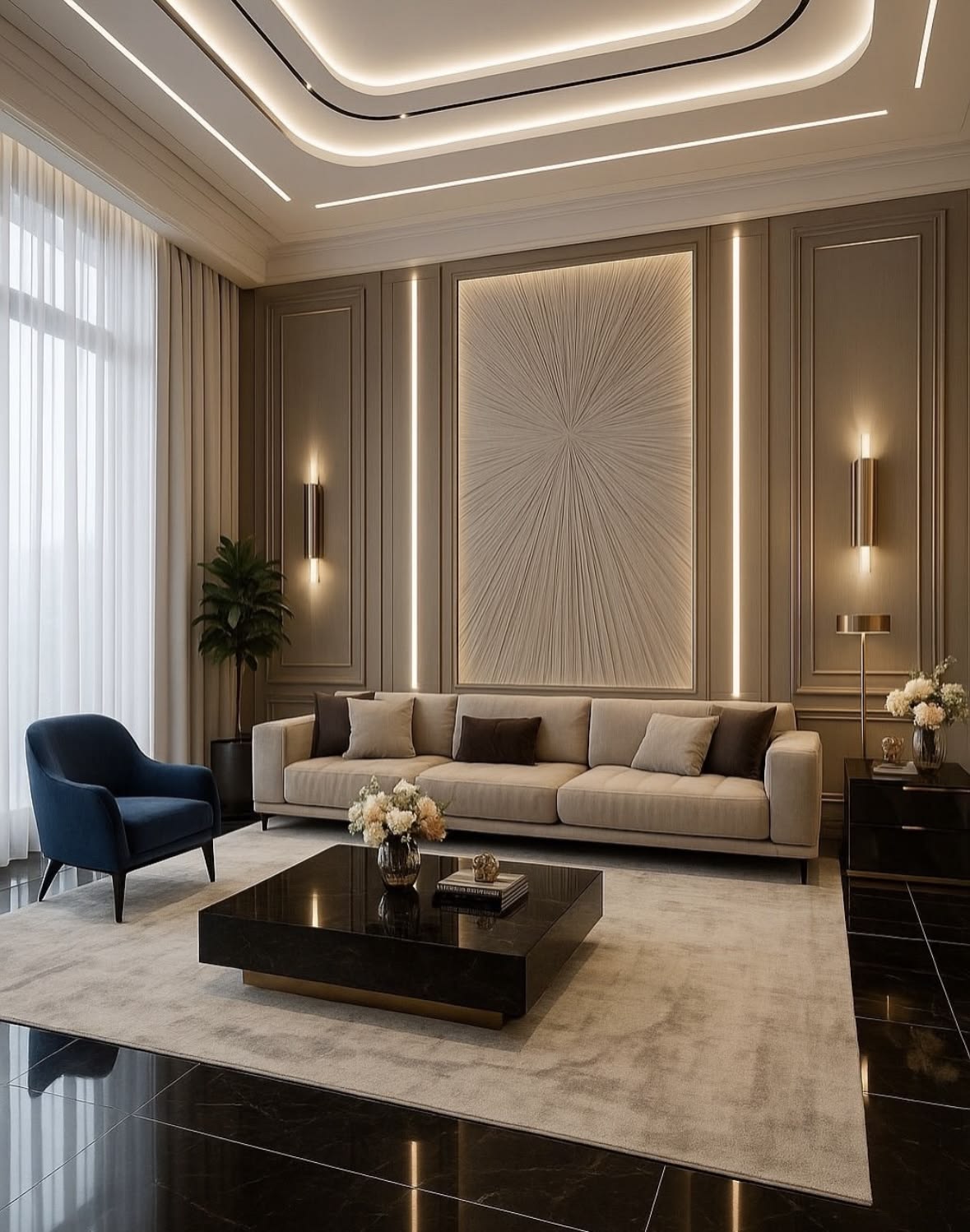 Luxury Drawing Room with Bookmatched Marble TV Backdrop & Fluted Slats #6